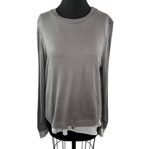 Chan Luu Gray White Striped Long Sleeve Crew Neckline Pullover Button Knit Top L